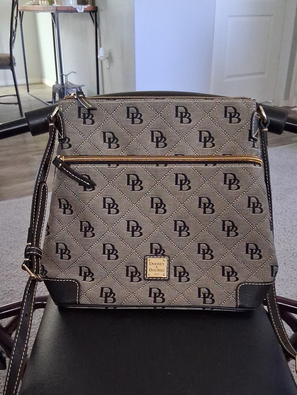 Dooney & Bourke Beige Monogram Crossbody with Dark Brown Trim